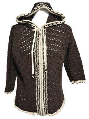 Eddie Bauer Crochet Knit Hoodie Sweater Womens XL Brown Beige Zip Front Boho Y2K